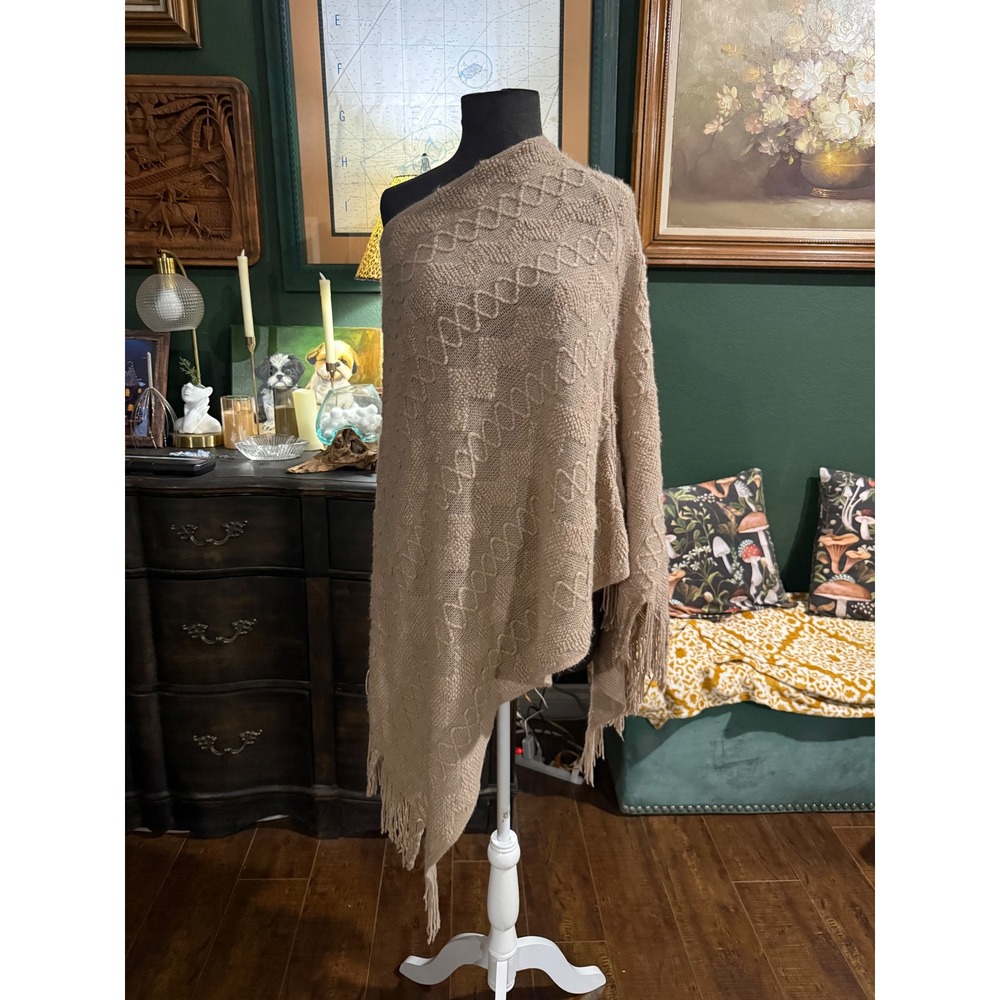 Max Edition Tan Knit Fringe Poncho Wrap Asymmetrical Cable Knit 4704592 ML